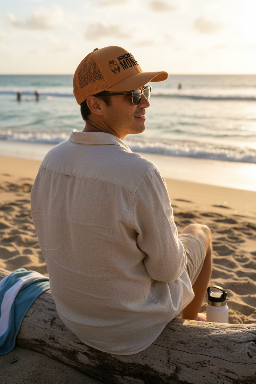 Mesh Trucker Cap von Iron Monkey 23 mit Beach-Style Design und Iron Monkey 23 Logo, atmungsaktive Cap für den Sommer.