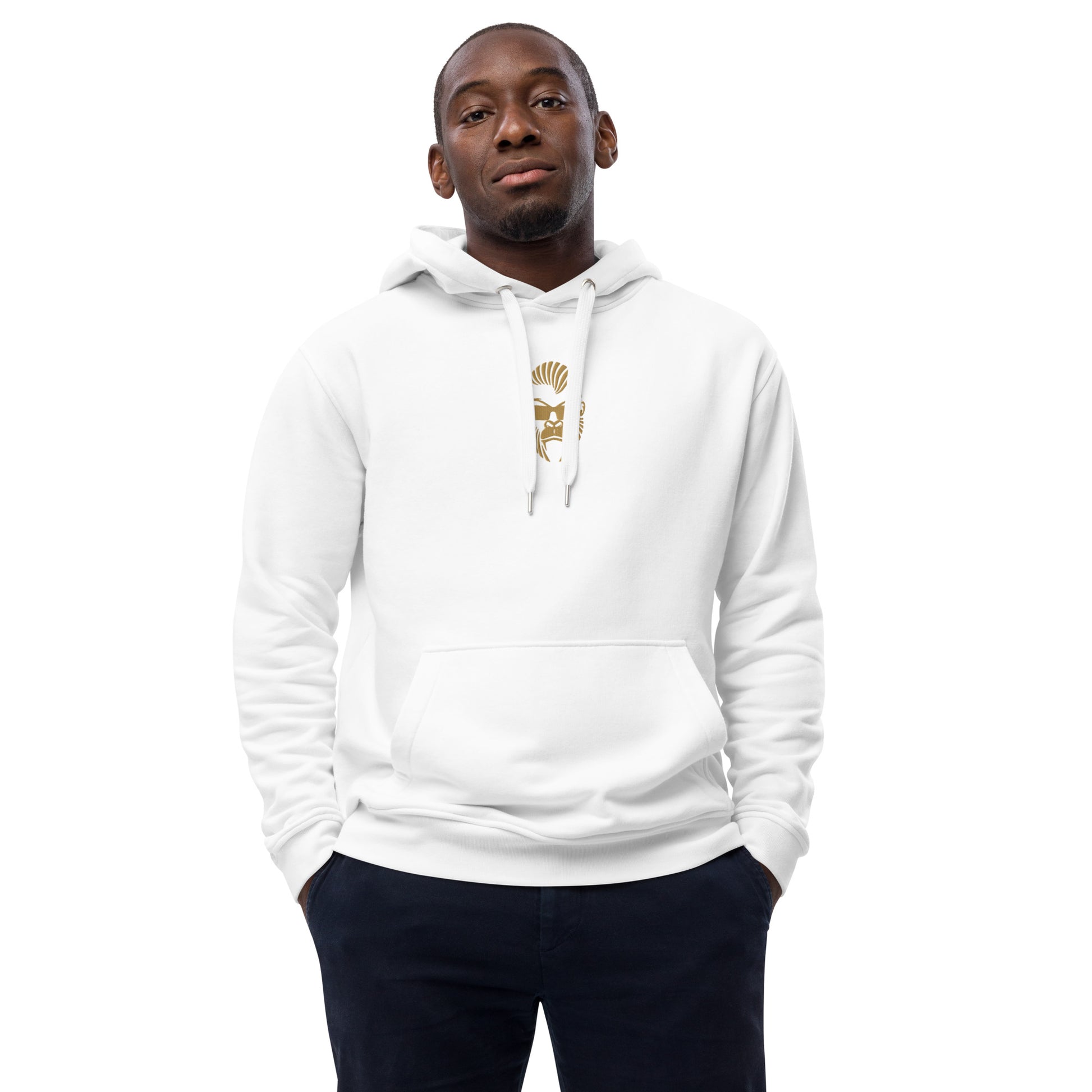 Weißer Eco-Kapuzenpullover von Sportswear Iron Monkey 23 aus Bio-Baumwolle und recyceltem Fleece, Vorderansicht.