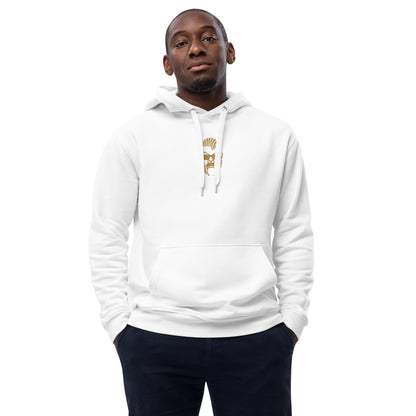 Weißer Eco-Kapuzenpullover von Sportswear Iron Monkey 23 aus Bio-Baumwolle und recyceltem Fleece, Vorderansicht.