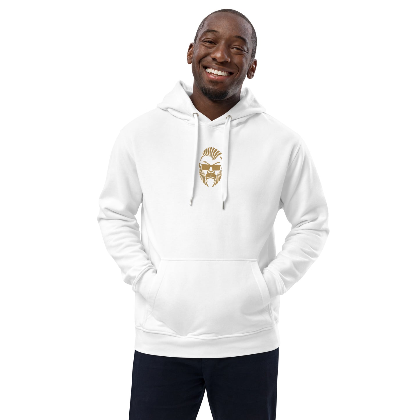 Hochwertiger weißer Bio-Kapuzenpullover von Sportswear Iron Monkey 23 aus 85% Bio-Baumwolle und recyceltem Fleece, Frontansicht