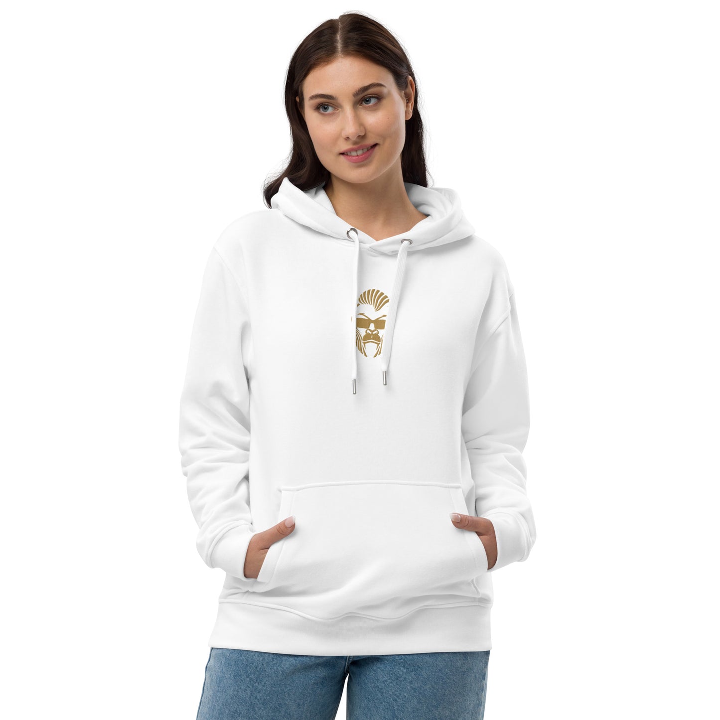 Hochwertiger Eco-Kapuzenpullover von Sportswear Iron Monkey 23, weiß, aus Bio-Baumwolle und recyceltem Fleece, Frontansicht