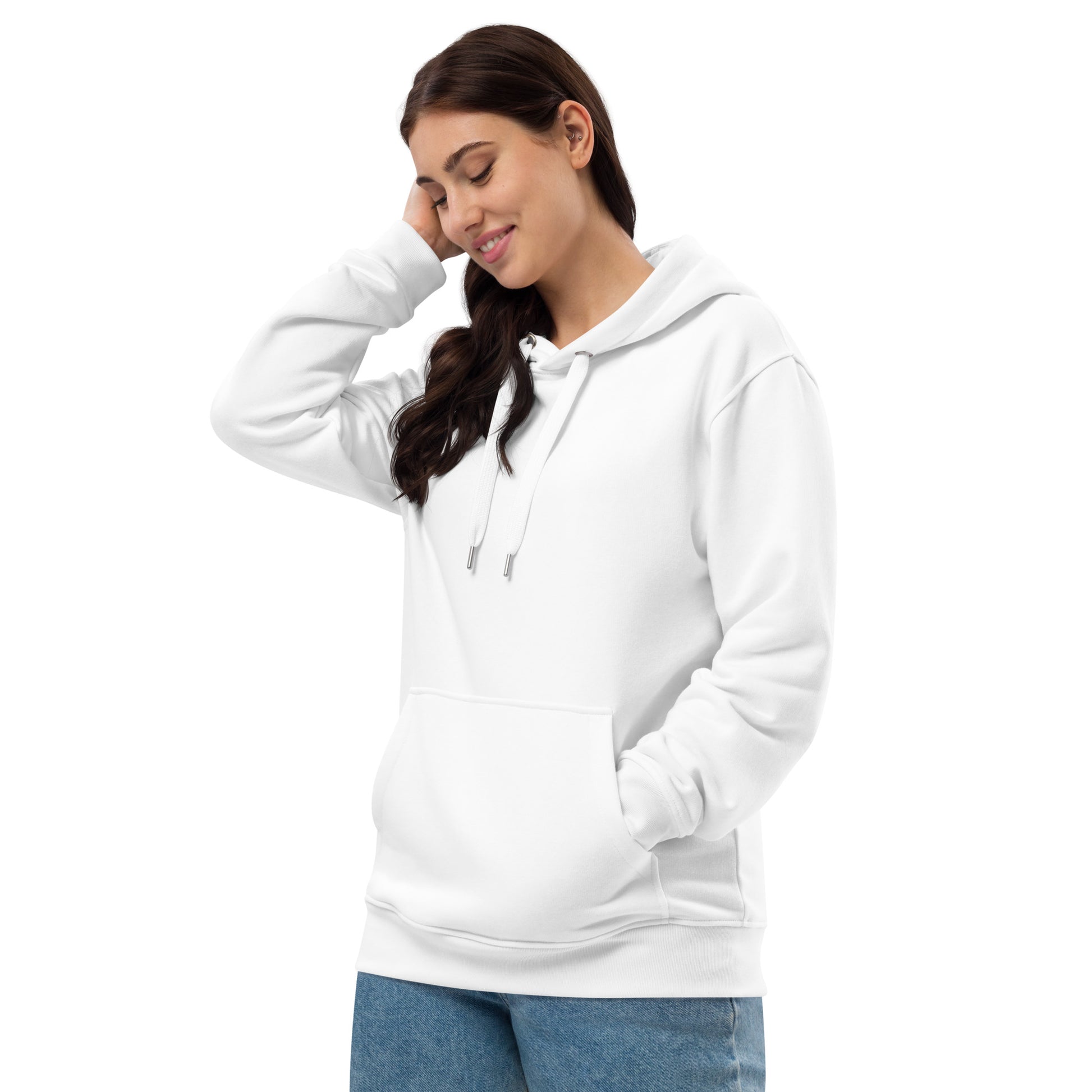 Hochwertiger weißer Bio-Kapuzenpullover von Sportswear Iron Monkey 23 aus 85% Bio-Baumwolle und 15% recyceltem Fleece.