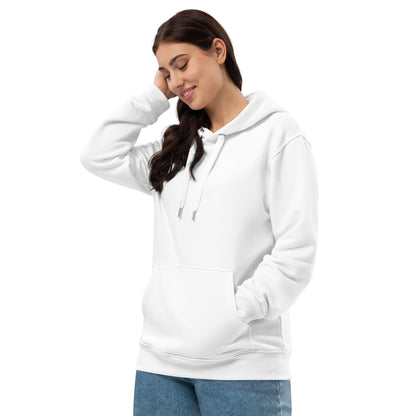 Hochwertiger weißer Bio-Kapuzenpullover von Sportswear Iron Monkey 23 aus 85% Bio-Baumwolle und 15% recyceltem Fleece.