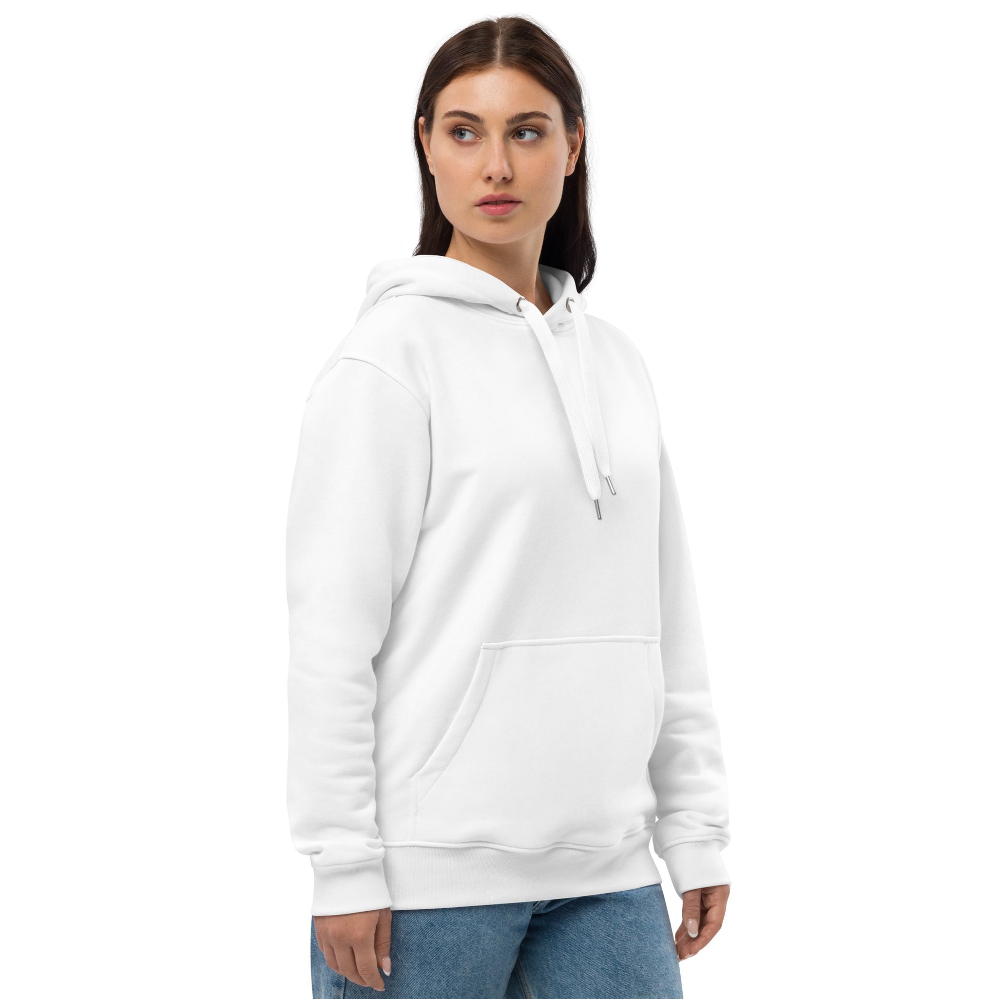 Hochwertiger Bio-Kapuzenpullover von Sportswear Iron Monkey 23, weiß, rechte Vorderseite, aus Bio-Baumwolle und recyceltem Fleece.