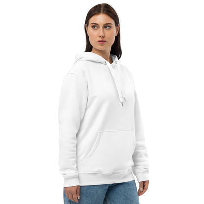 Hochwertiger Bio-Kapuzenpullover von Sportswear Iron Monkey 23, weiß, rechte Vorderseite, aus Bio-Baumwolle und recyceltem Fleece.