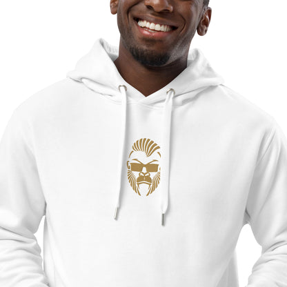 Hochwertiger weißer Öko-Kapuzenpullover von Sportswear Iron Monkey 23 aus Bio-Baumwolle und recyceltem Fleece, Nahaufnahme