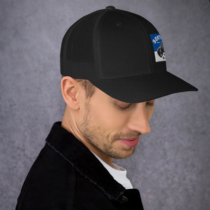 Retro schwarze Trucker-Cap von Sportswear Iron Monkey 23, aus robustem Material, mit Mesh-Rückseite, stilvolles Accessoire