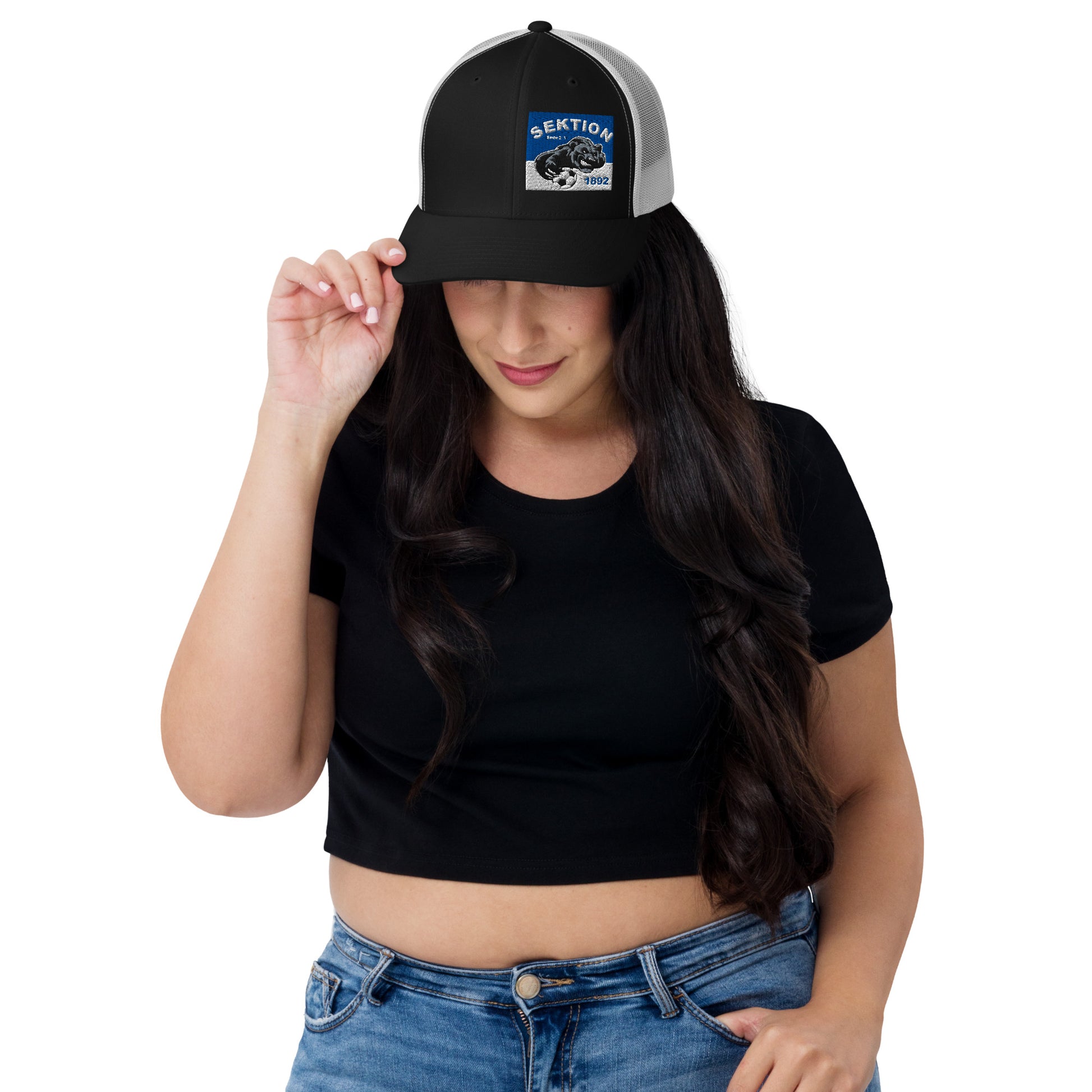 Retro Trucker-Cap von Sportswear Iron Monkey 23 in Schwarz-Weiß, Frontansicht, stylisches Accessoire im Vintage-Look