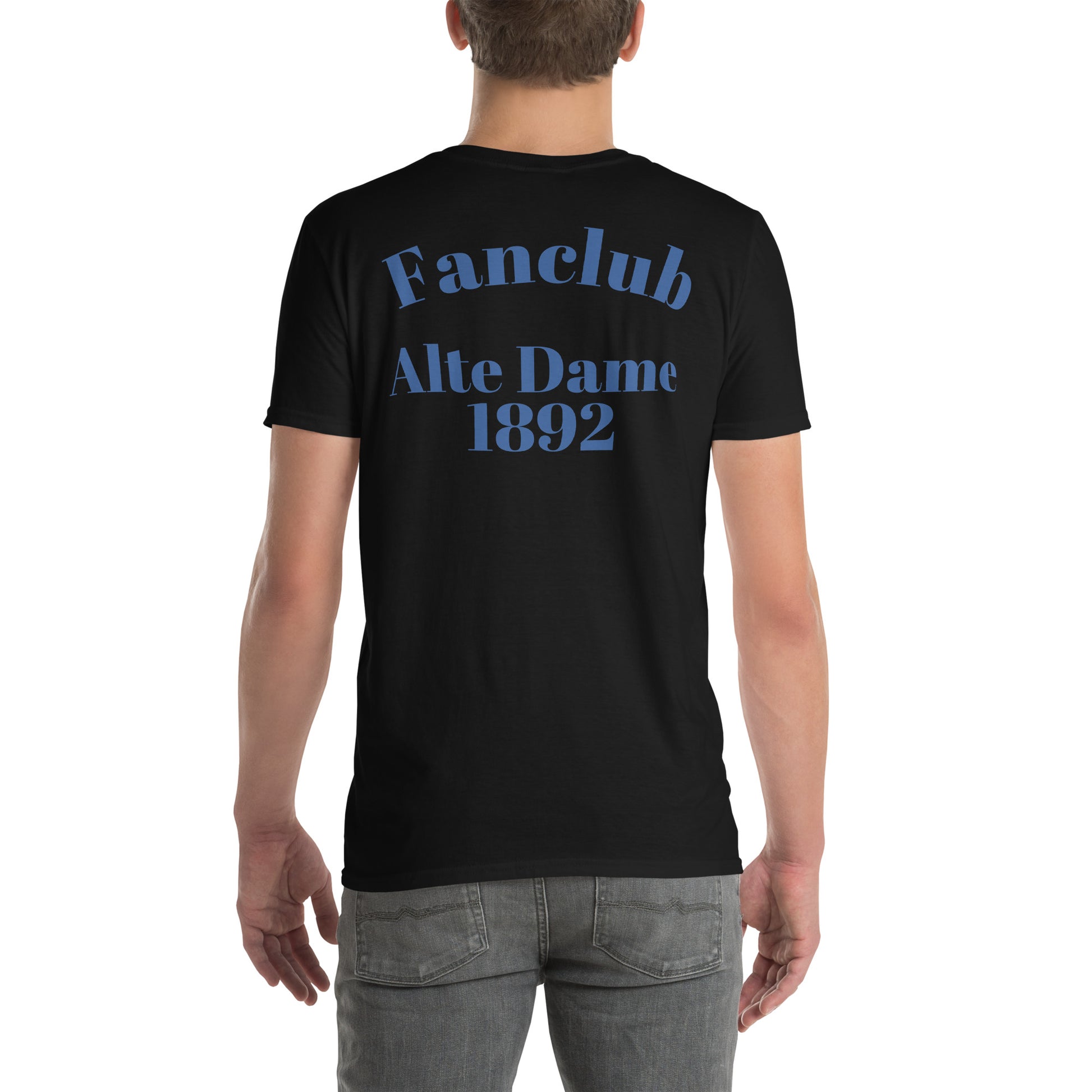 Schwarzes, kurzärmeliges Unisex-T-Shirt von Sportswear Iron Monkey mit Fanclub Alte Dame 1892 Druck, Rückenansicht