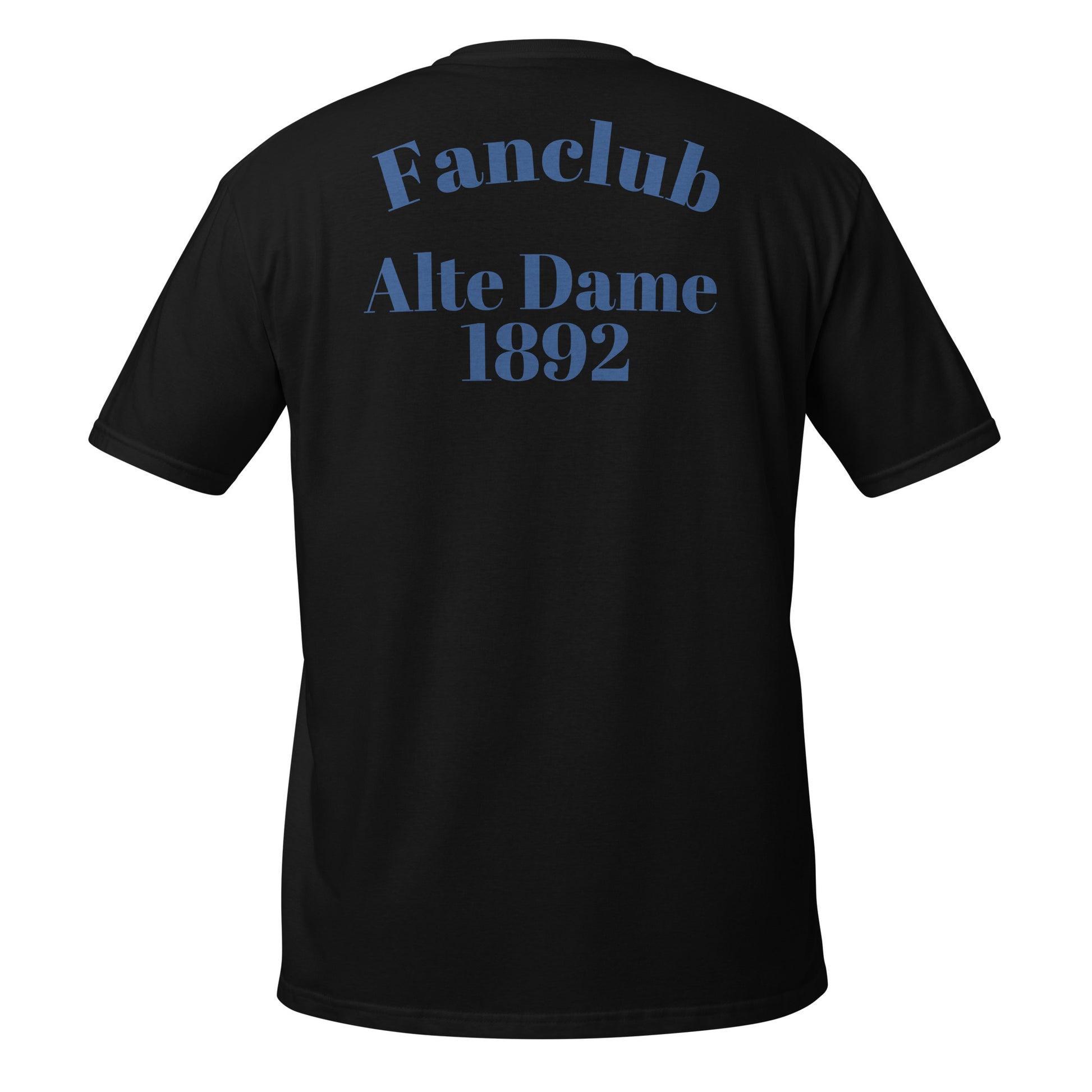 Schwarzes unisex T-Shirt von Sportswear Iron Monkey 23 mit Fanclub Alte Dame 1892 Schrift auf der Rückseite, bequemes Basic-Shirt