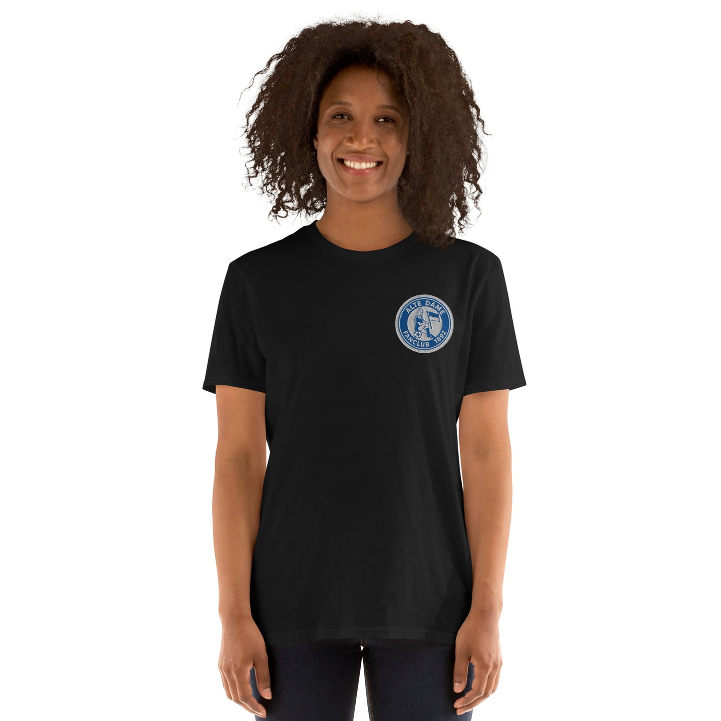 Schwarzes Kurzärmeliges Unisex-T-Shirt von Sportswear Iron Monkey 23 mit Fanclub Alte Dame 1892 Aufdruck vorne.