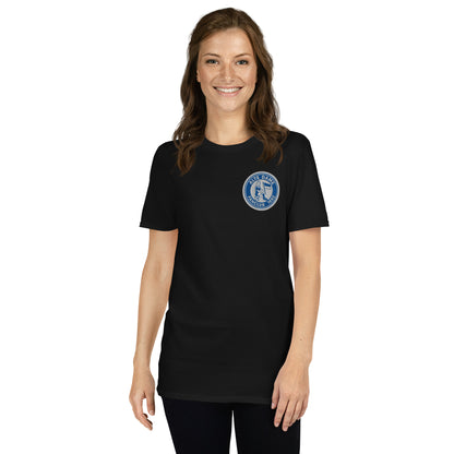 Schwarzes unisex T-Shirt von Sportswear Iron Monkey 23 mit Fanclub Alte Dame 1892 Logo, Vorderansicht, bequemes Basic-Design
