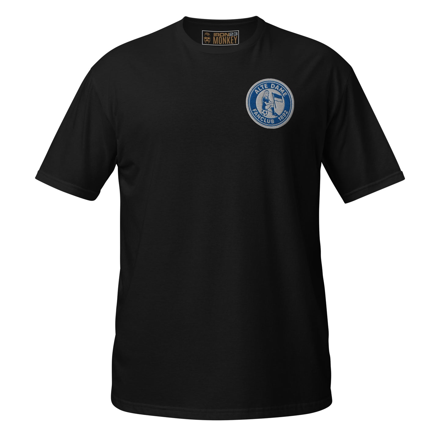 Schwarzes unisex Basic T-Shirt von Sportswear Iron Monkey 23 mit Fanclub Alte Dame 1892 Druck, vorneansicht