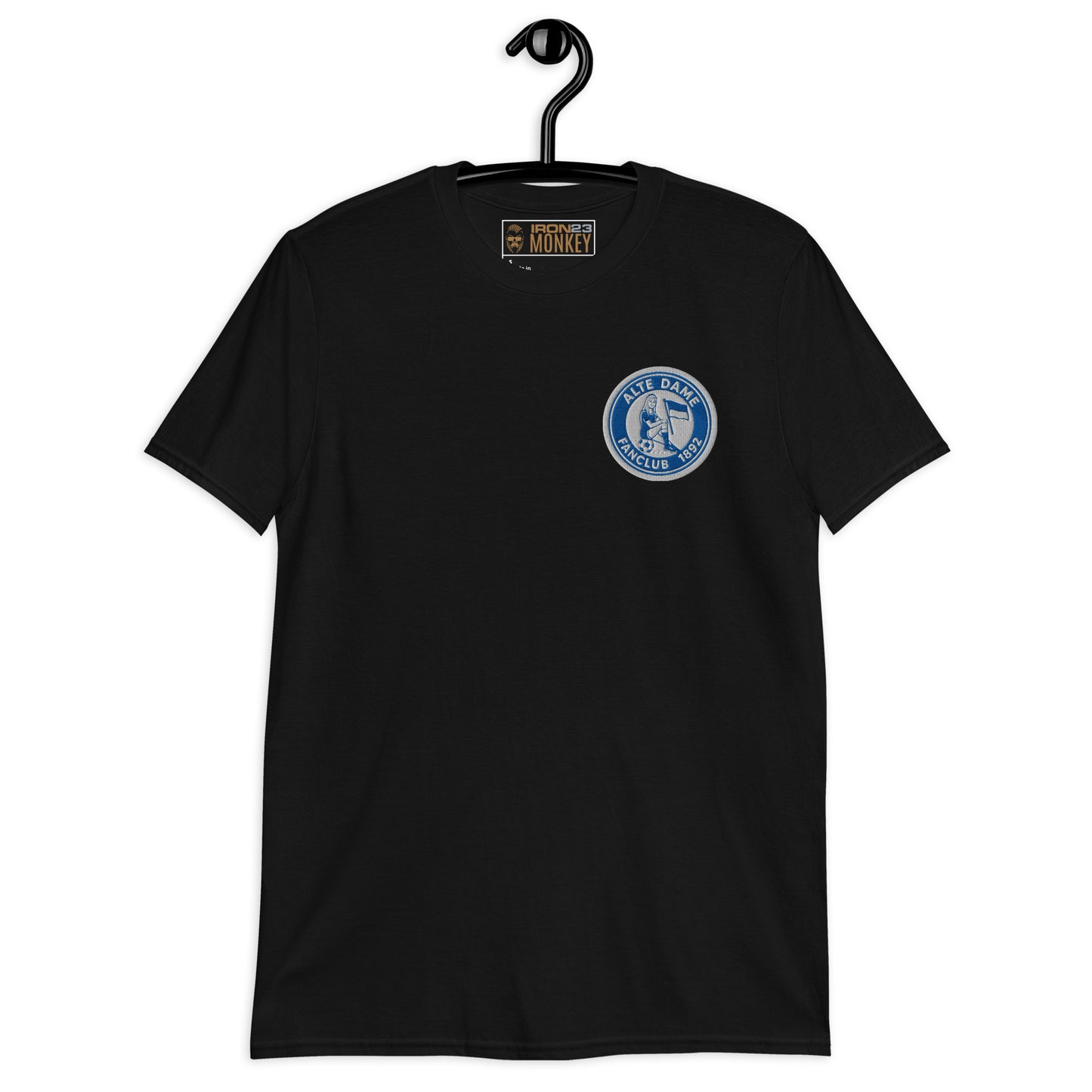 Schwarzes unisex T-Shirt von Sportswear Iron Monkey 23 mit Fanclub Alte Dame 1892 Logo, vorne anschaulich dargestellt