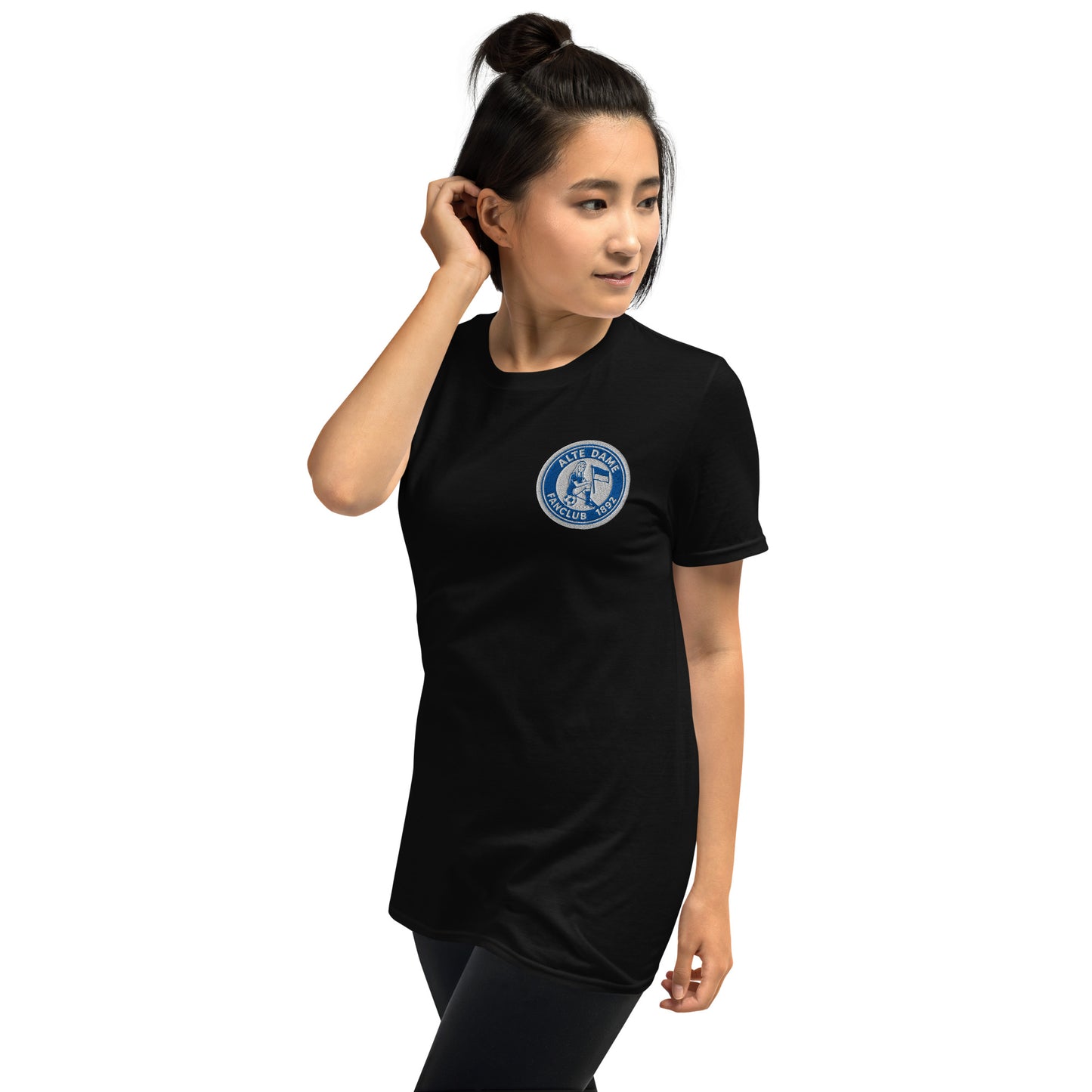 Unisex schwarzes T-Shirt von Sportswear Iron Monkey 23 mit Fanclub Alte Dame 1892 Logo, linker Brustbereich, weiches Material