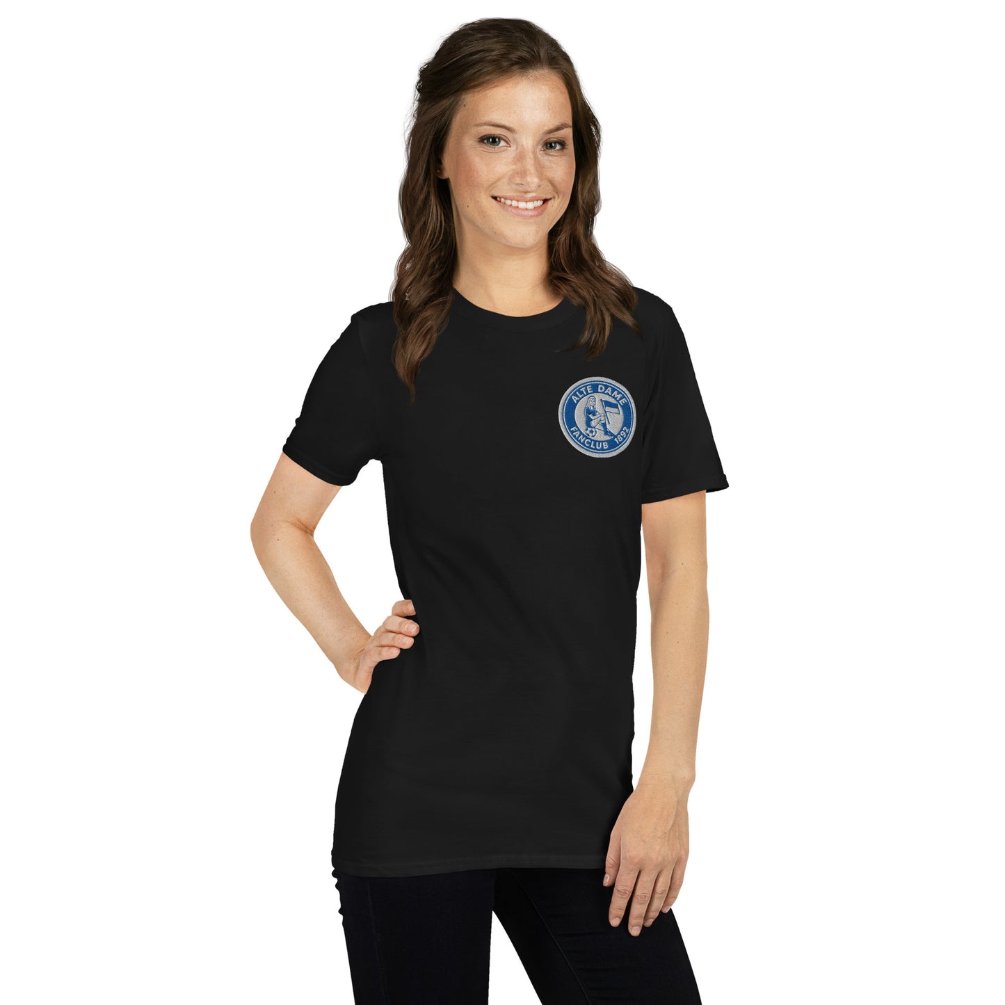 Schwarzes Kurzärmeliges Unisex-T-Shirt von Sportswear Iron Monkey 23 mit Fanclub Alte Dame 1892 Print, rechte Vorderseite.