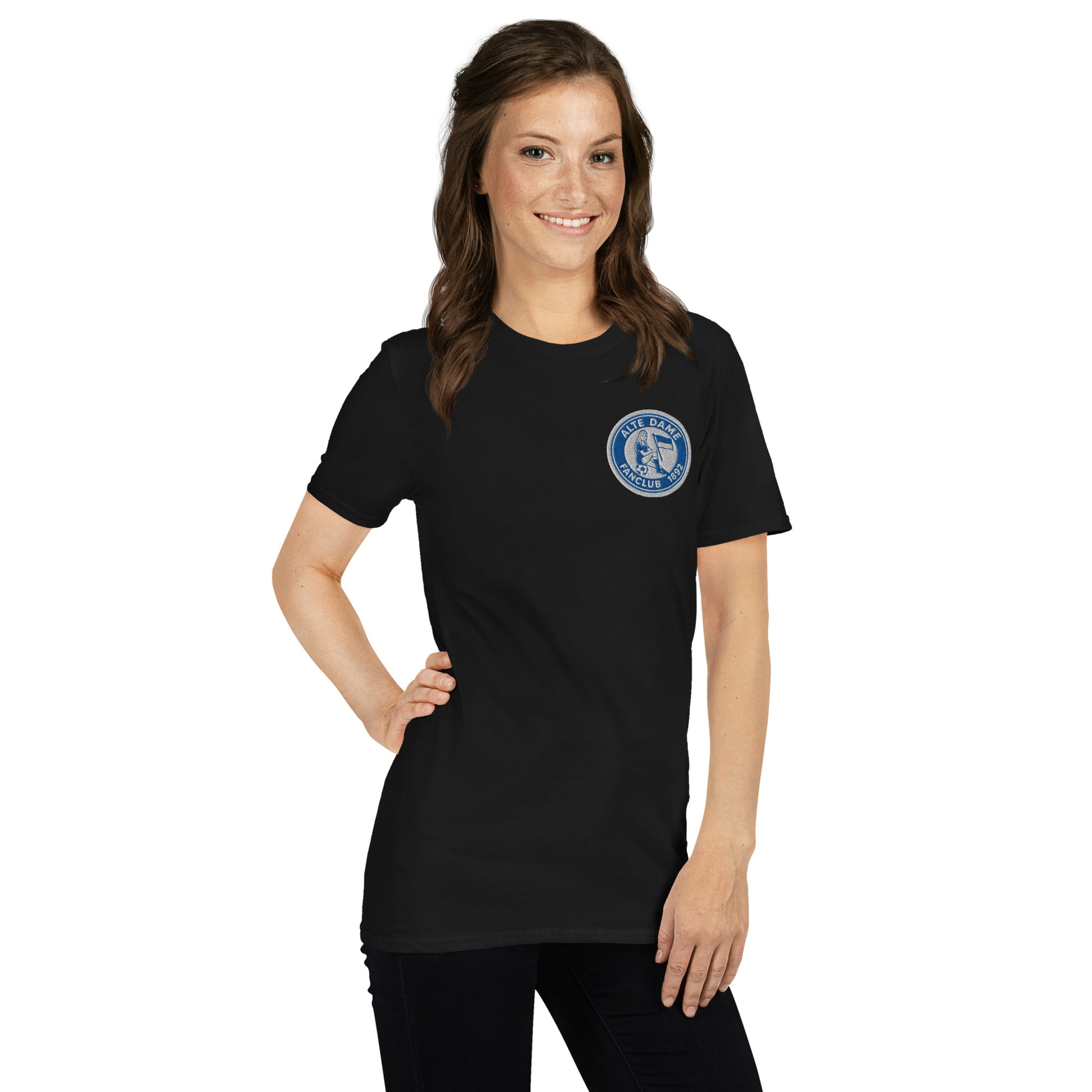 Schwarzes Kurzärmeliges Unisex-T-Shirt von Sportswear Iron Monkey 23 mit Fanclub Alte Dame 1892 Print, rechte Vorderseite.