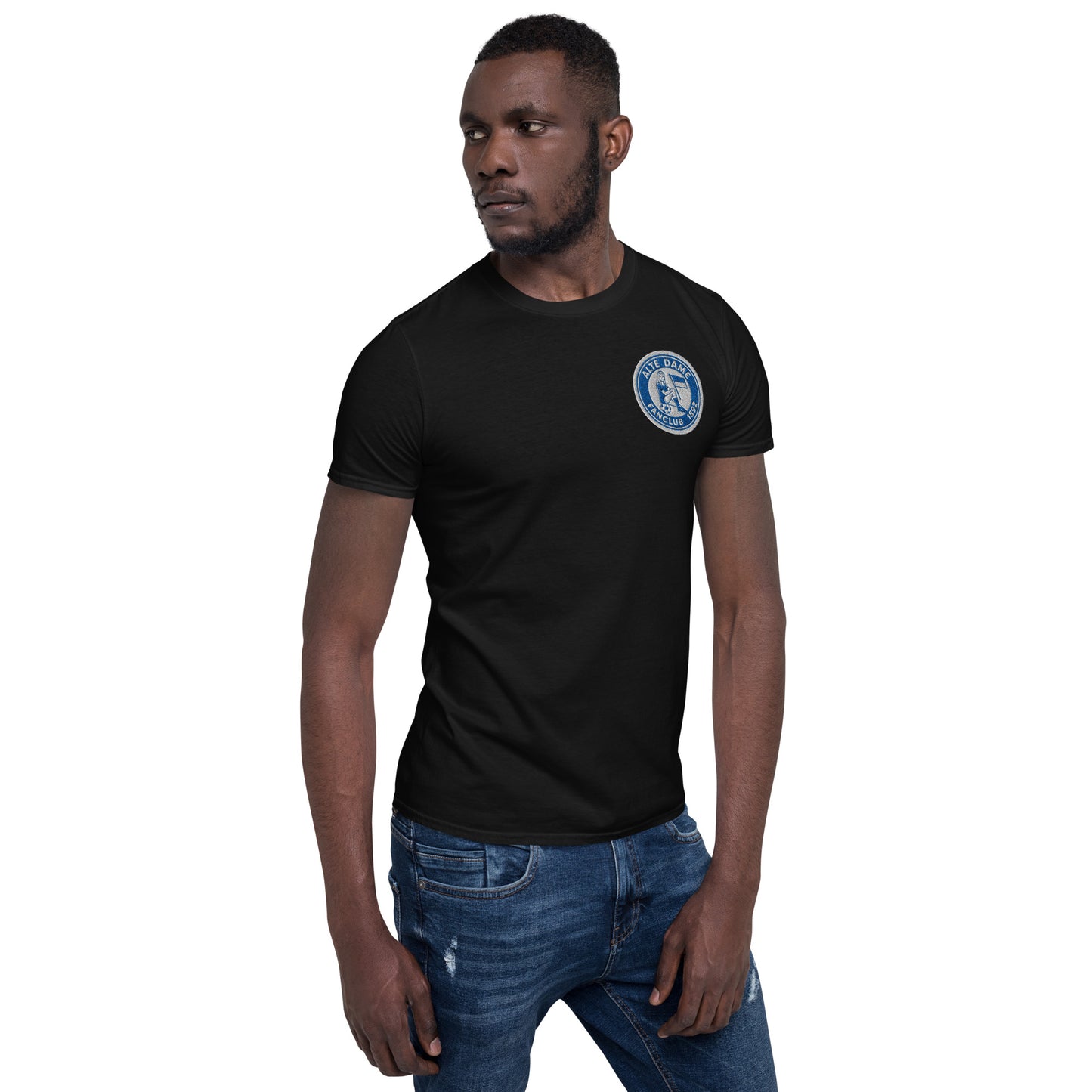 Schwarzes Kurzärmeliges Unisex-T-Shirt von Sportswear Iron Monkey mit Fanclub Alte Dame 1892 Logo, rechte Vorderseite sichtbar
