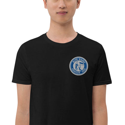 Schwarzes unisex Kurzarm-T-Shirt von Sportswear Iron Monkey 23 mit Fanclub Alte Dame 1892 Logo, Nahaufnahme