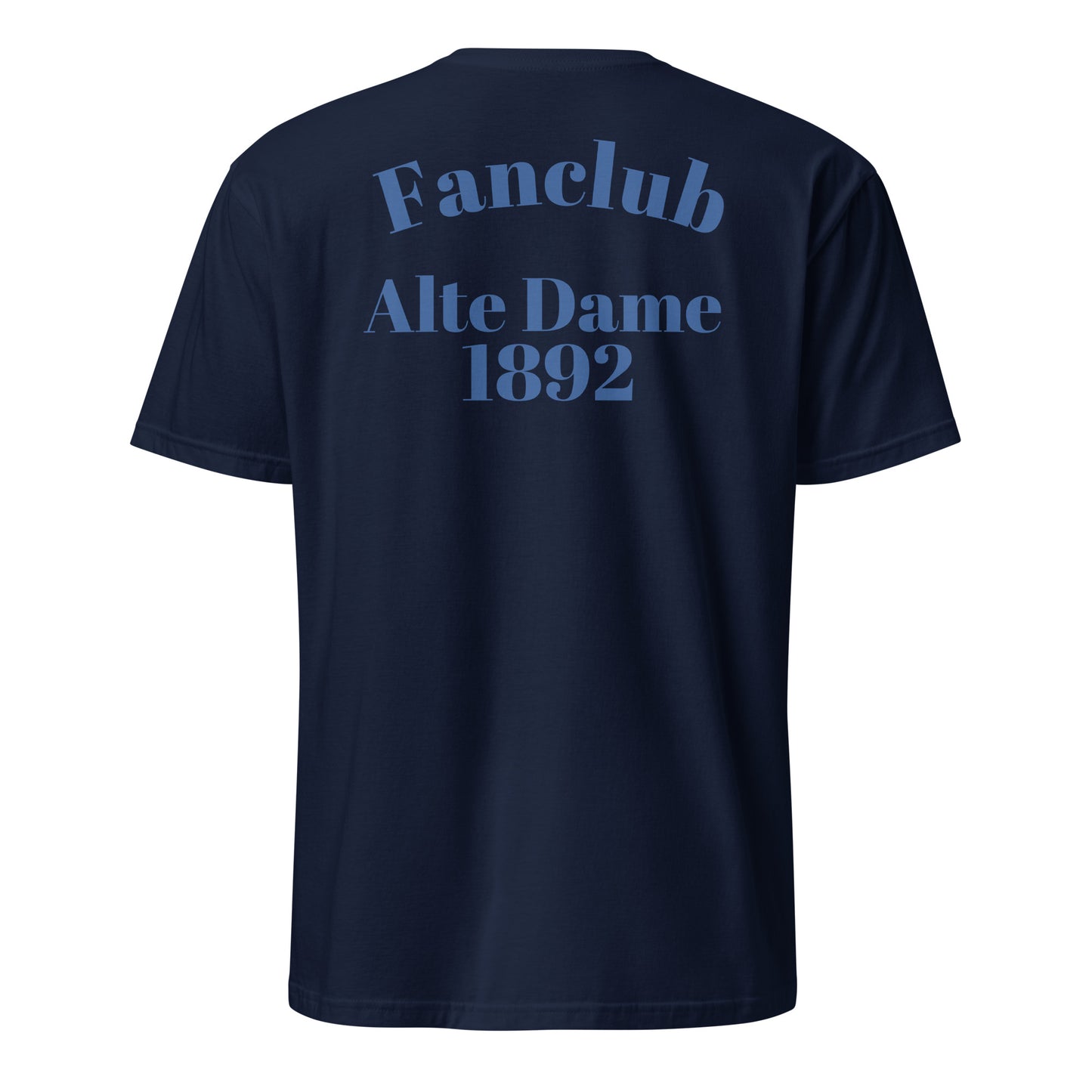 Unisex-Kurzärmeliges T-Shirt in Navy von Sportswear Iron Monkey 23 mit Fanclub Alte Dame 1892 Logo, weiche Baumwolle.