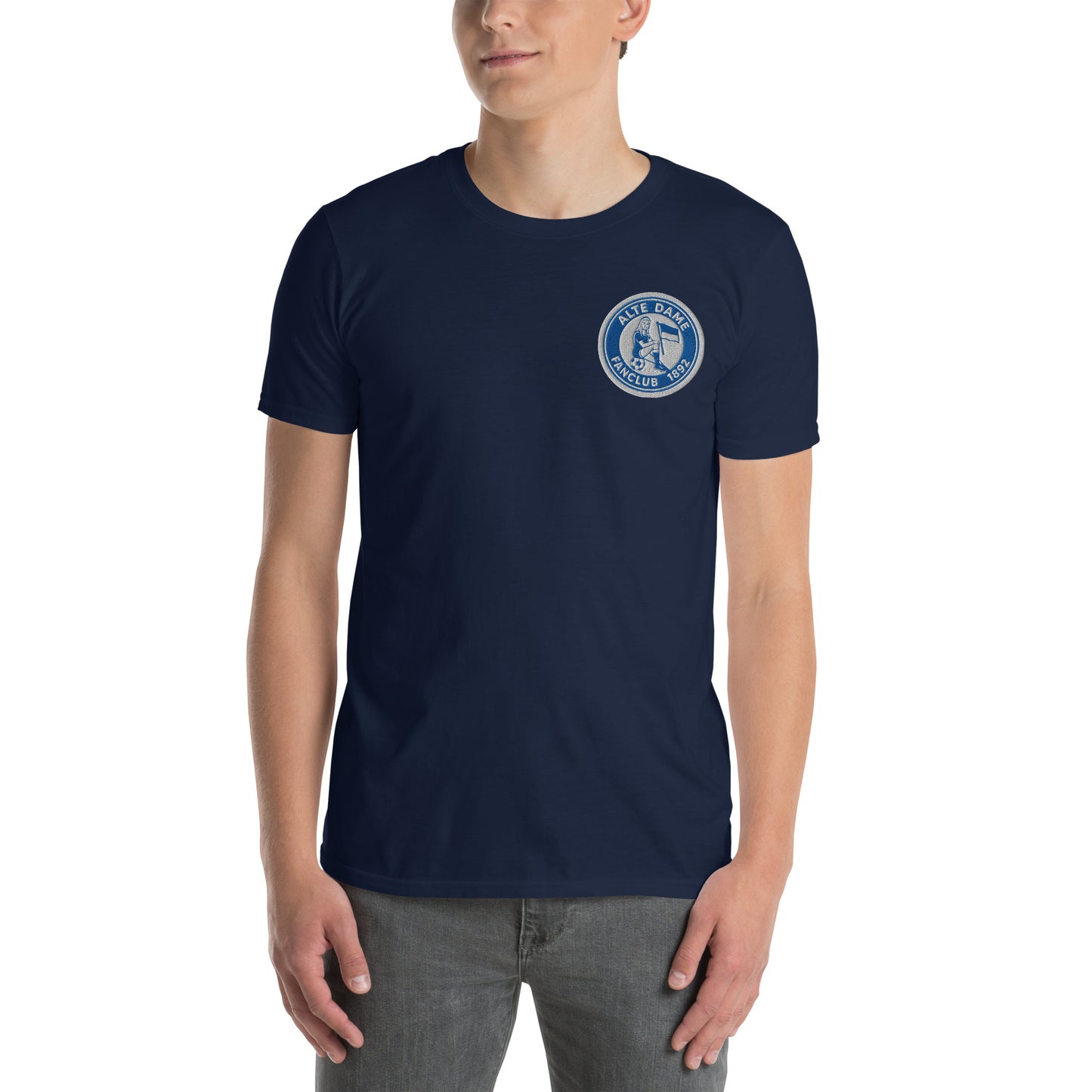 Unisex-Kurzarm-T-Shirt in Navy mit Fanclub-Logo "Alte Dame 1892" von Sportswear Iron Monkey 23, weiches Baumwollmaterial.