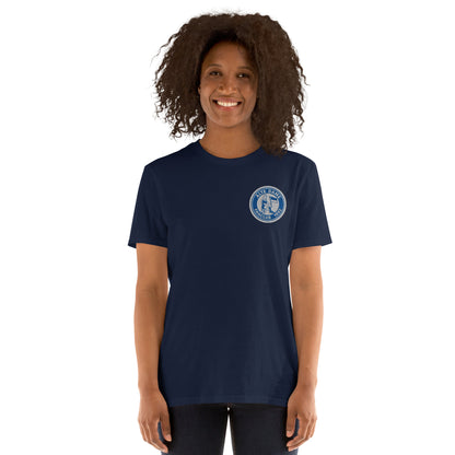 Unisex kurzärmeliges T-Shirt in Navy von Sportswear Iron Monkey 23 mit Fanclub Alte Dame 1892 Logo, vorne sichtbar.
