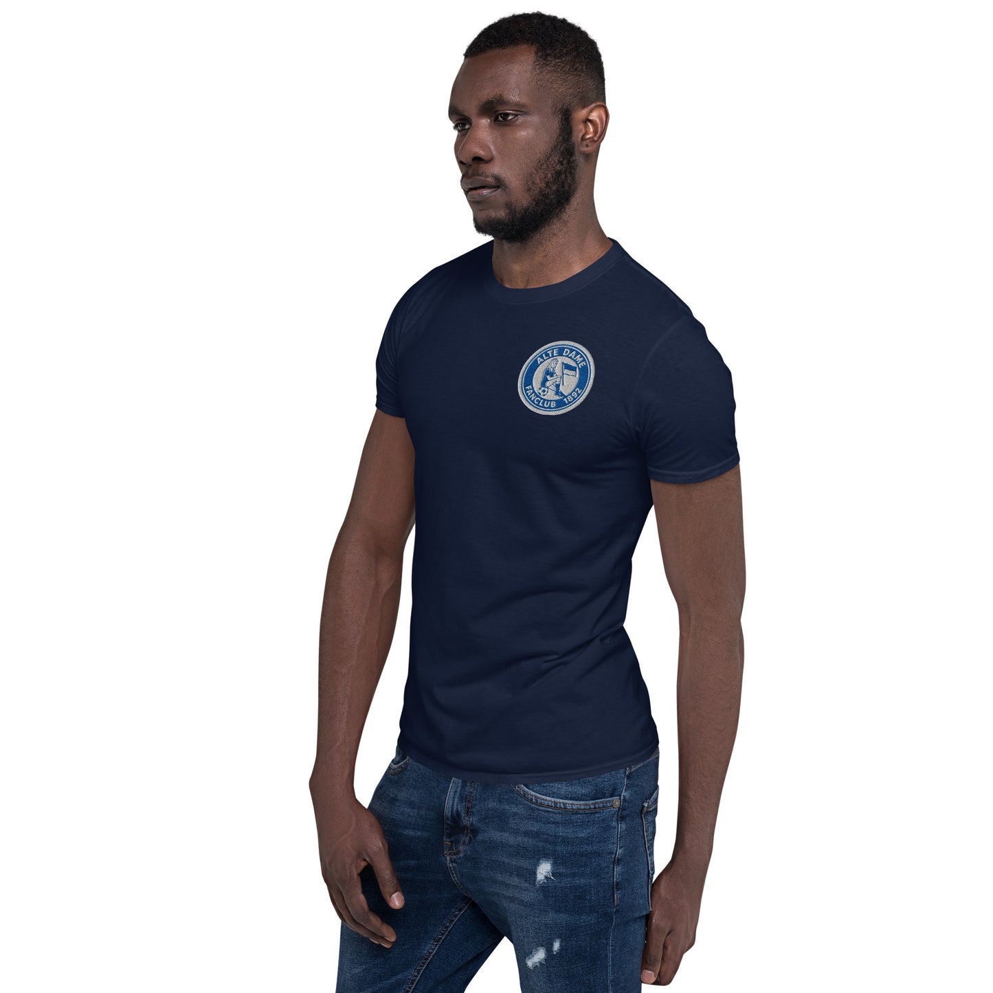 Unisex-Navy-Shirt mit Fanclub-Logo der Alten Dame 1892, Sportswear Iron Monkey 23, vorne links sichtbar