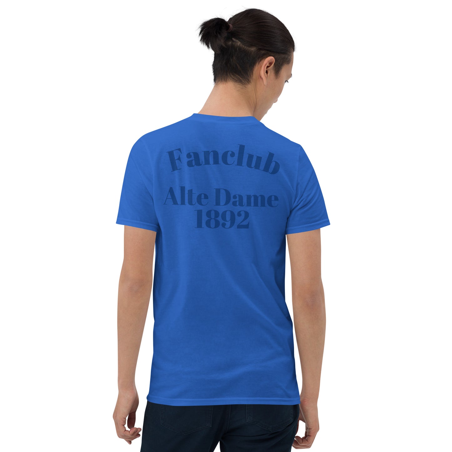 Unisex-Kurzärmeliges T-Shirt von Sportswear Iron Monkey 23, Fanclub Alte Dame 1892, royalblau, weiches Baumwollmaterial, Rückenansicht