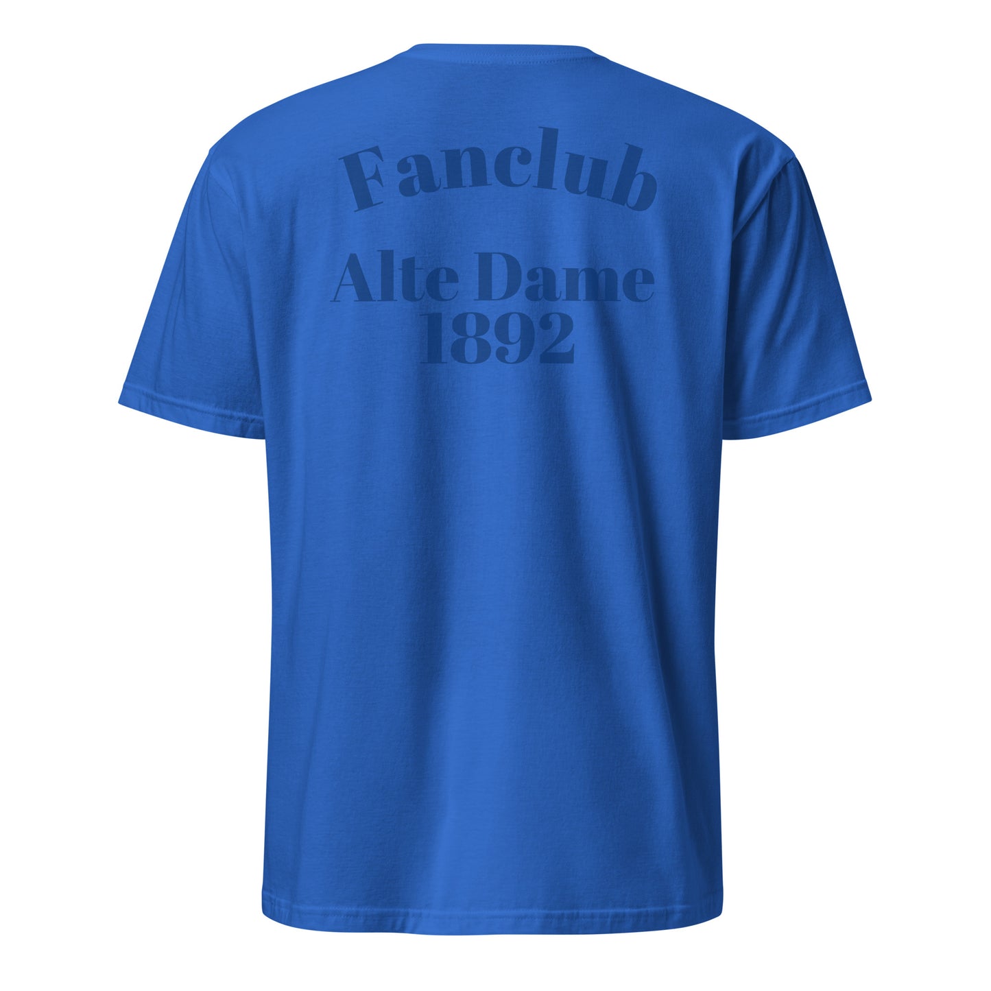 Unisex-T-Shirt von Sportswear Iron Monkey 23 mit Fanclub Alte Dame 1892, kurze Ärmel, royalblau, weiches Baumwollmaterial.