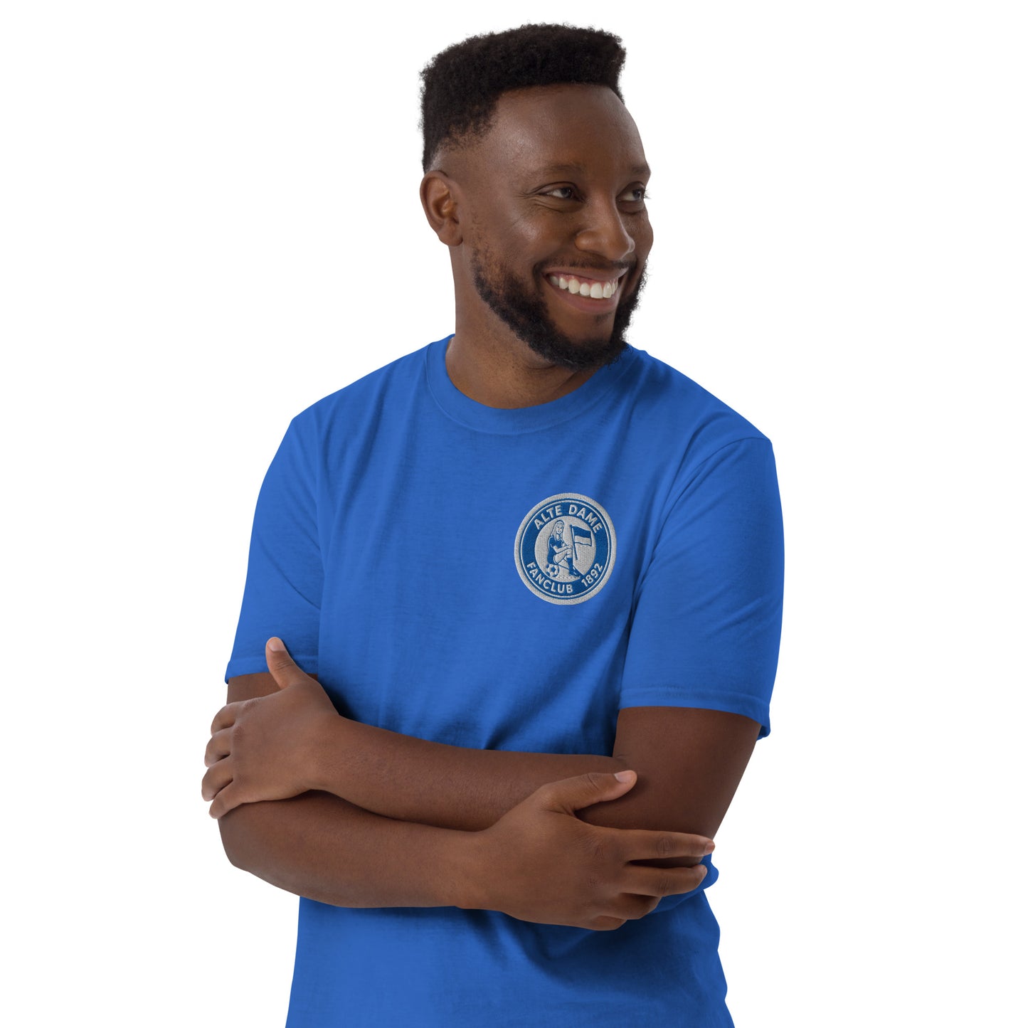 Unisex-Kurzarm-T-Shirt von Sportswear Iron Monkey 23 mit Fanclub Alte Dame 1892, royalblau, weiche Baumwolle, Frontansicht