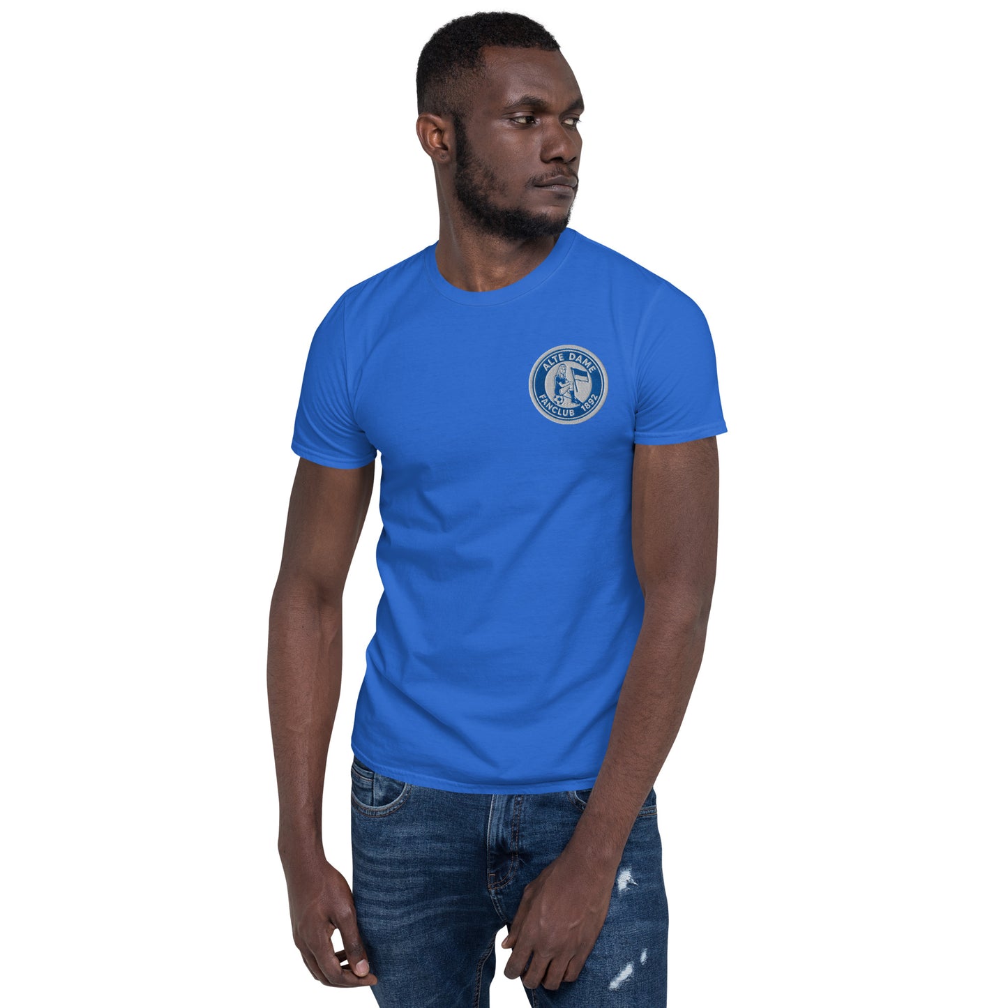 Unisex-Kurzarm-T-Shirt von Sportswear Iron Monkey 23 mit Fanclub Alte Dame 1892, royalblau, weicher Stoff, Frontansicht