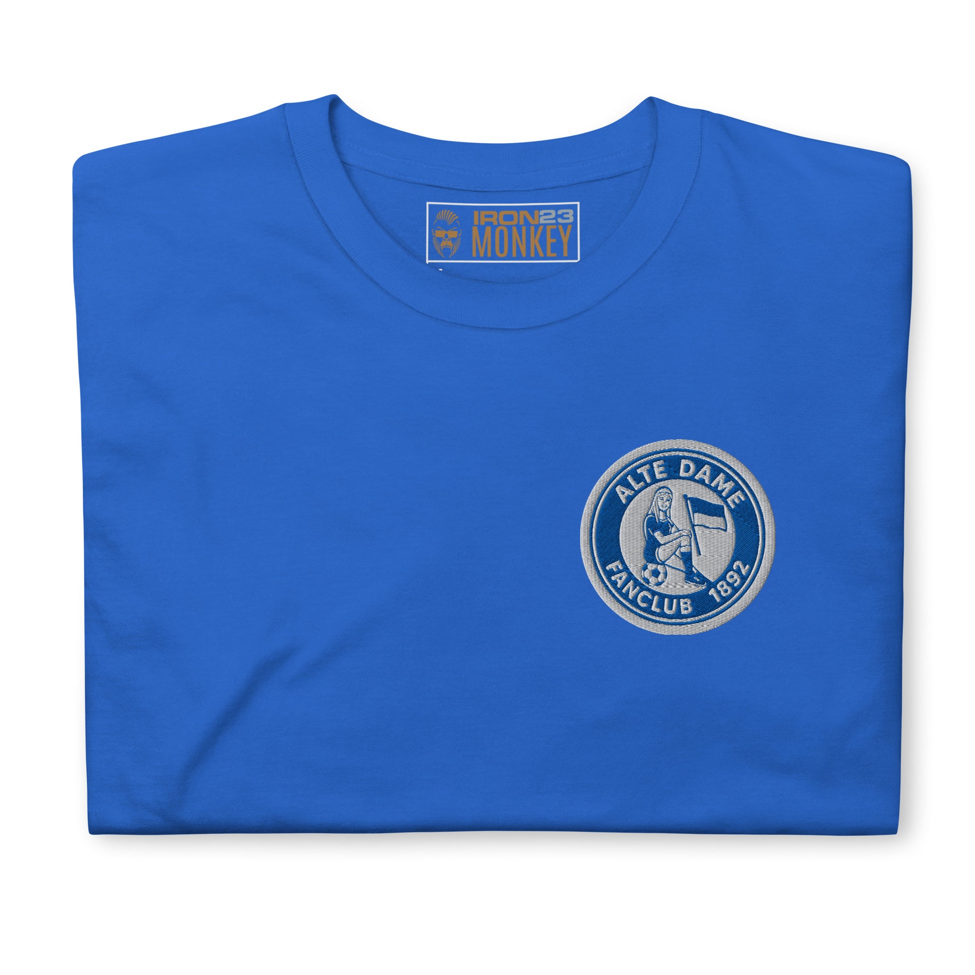 Unisex-Kurzarm-T-Shirt von Sportswear Iron Monkey 23 mit Fanclub Alte Dame 1892, royalblau, weiches Baumwollmaterial, frontales Design
