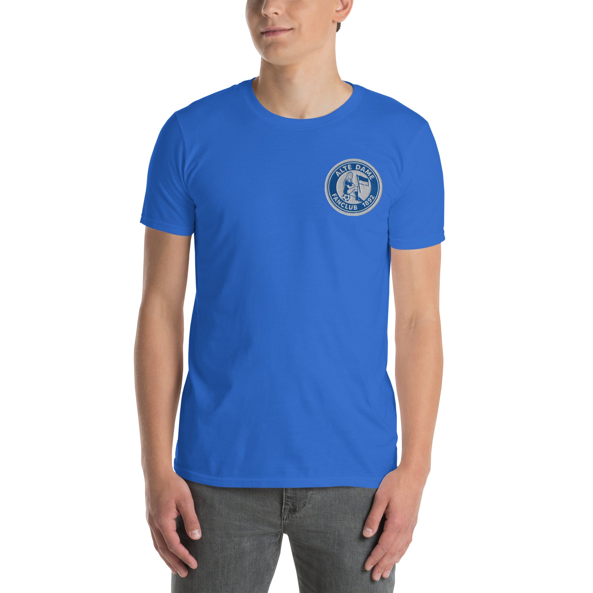 Unisex-T-Shirt von Sportswear Iron Monkey 23, kurzärmelig, royalblau, mit Fanclub Alte Dame 1892 Logo vorne.
