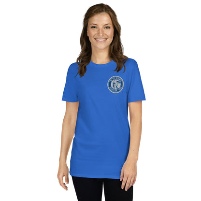 Unisex-Kurzärmeliges Fanclub T-Shirt Alte Dame 1892 von Sportswear Iron Monkey in Royalblau, weiches Baumwollmaterial, Frontansicht.
