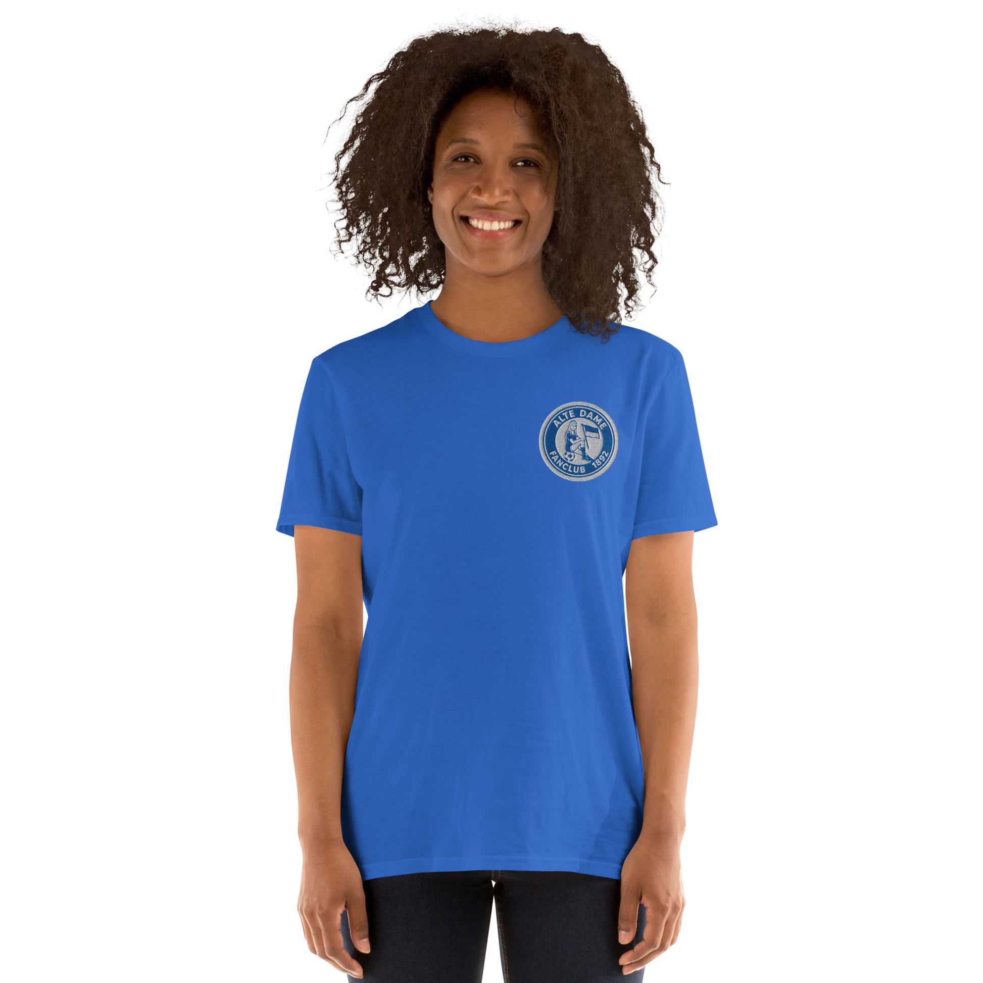 Unisex-Kurzarm-T-Shirt von Sportswear Iron Monkey 23 mit Fanclub Alte Dame 1892, royalblau, weiches Baumwollmaterial, Frontansicht