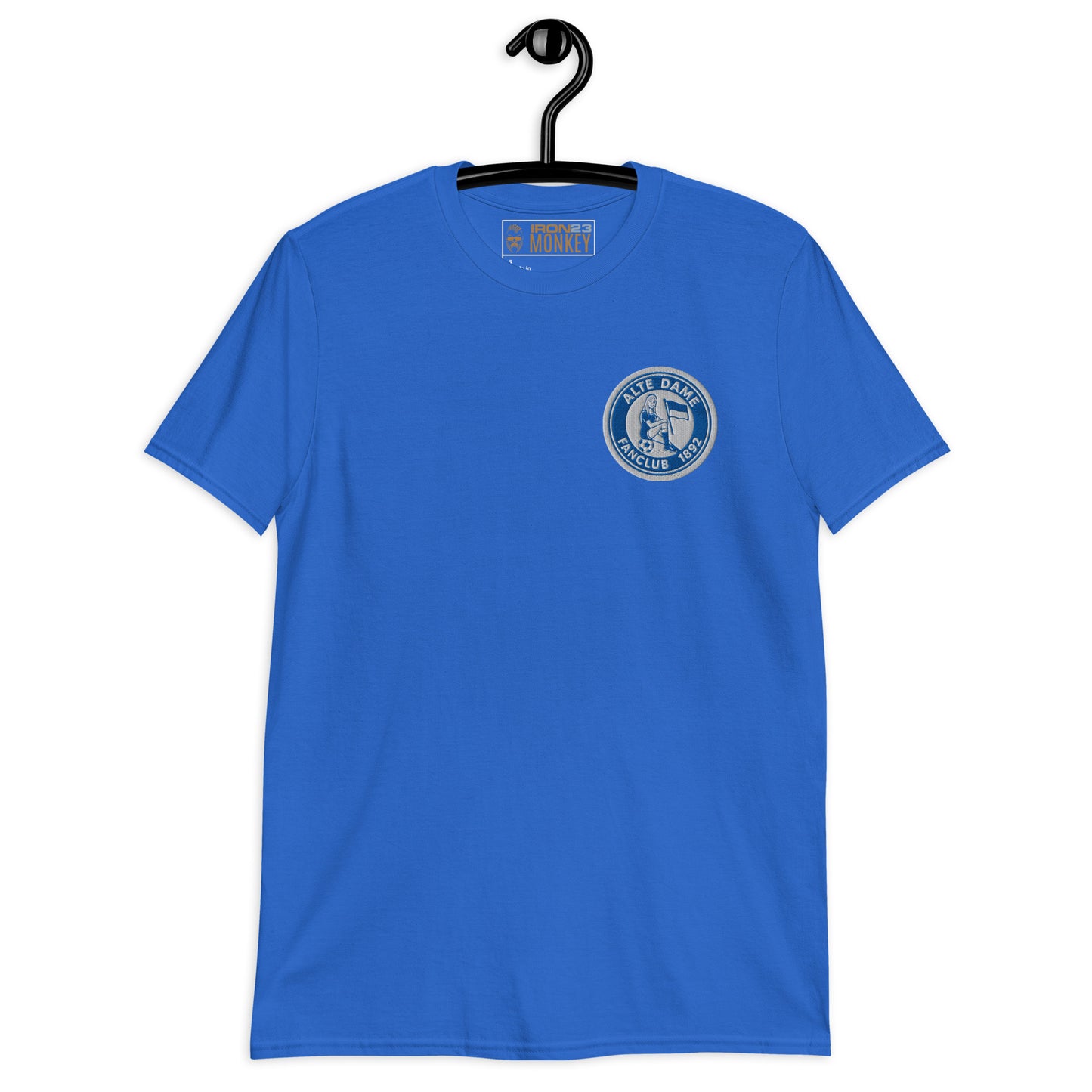 Unisex-Kurzarm-T-Shirt von Sportswear Iron Monkey 23 mit Fanclub Alte Dame 1892, royalblau, weiche Baumwollqualität, Frontansicht