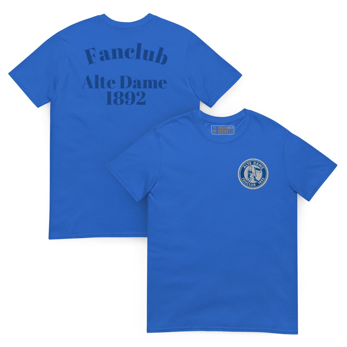 Unisex-Kurzarm-T-Shirt von Sportswear Iron Monkey 23, royalblau mit Fanclub Alte Dame 1892 Druck, vorne und hinten.