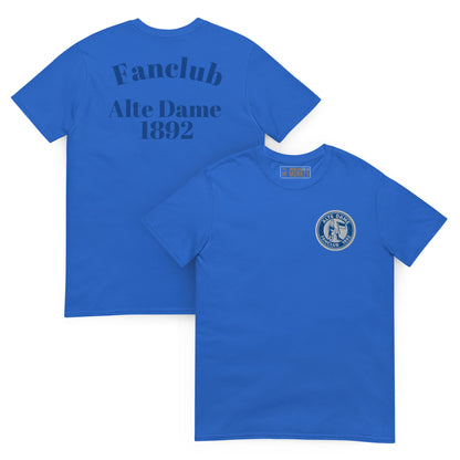 Unisex-Kurzarm-T-Shirt von Sportswear Iron Monkey 23, royalblau mit Fanclub Alte Dame 1892 Druck, vorne und hinten.
