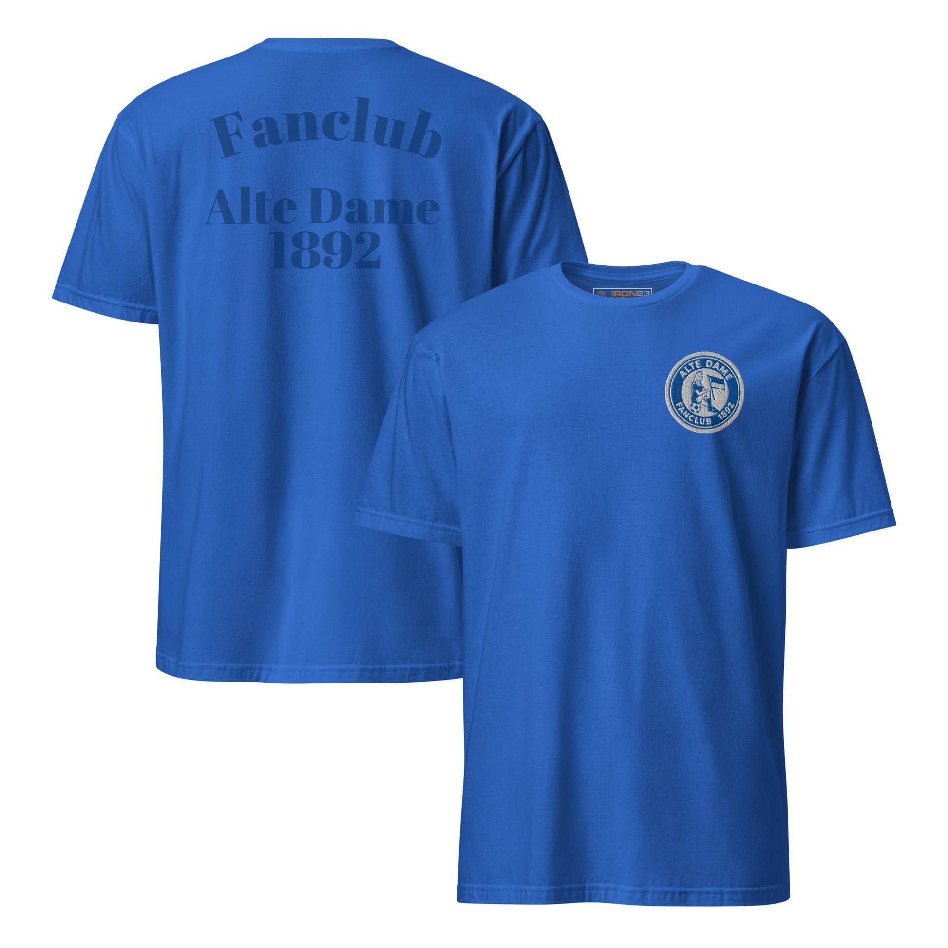 Unisex Kurzarm-T-Shirt von Sportswear Iron Monkey 23 mit Fanclub Alte Dame 1892, royalblau, beidseitig bedruckt, weiche Baumwolle