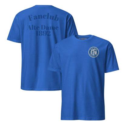 Unisex Kurzarm-T-Shirt von Sportswear Iron Monkey 23 mit Fanclub Alte Dame 1892, royalblau, beidseitig bedruckt, weiche Baumwolle