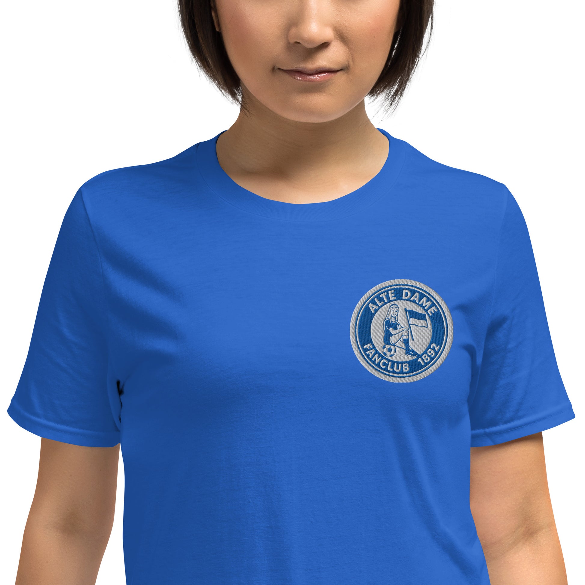 Unisex-T-Shirt von Sportswear Iron Monkey 23 mit Fanclub Alte Dame 1892 in königsblau, weiches Material, Nahaufnahme