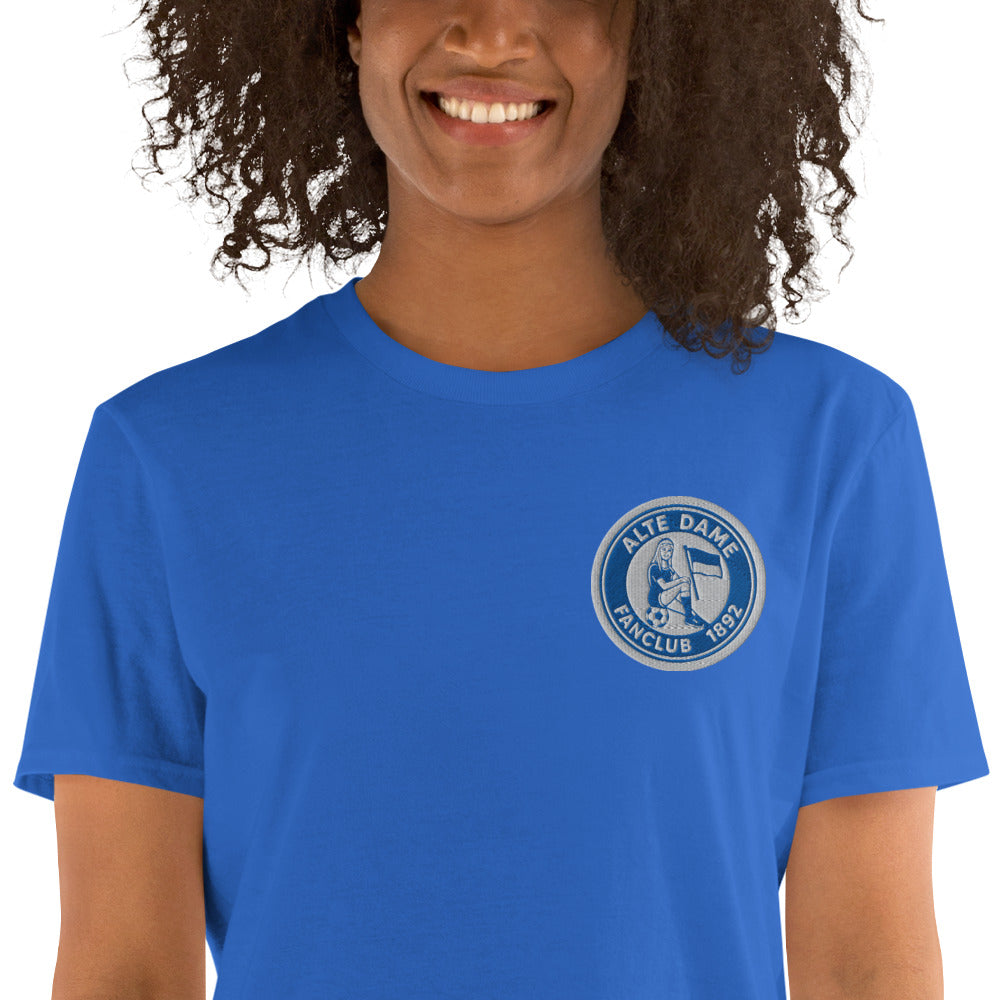 Unisex-Kurzarm-T-Shirt von Sportswear Iron Monkey 23 mit Fanclub Alte Dame 1892, royalblau, weiche Baumwolle, Nahaufnahme