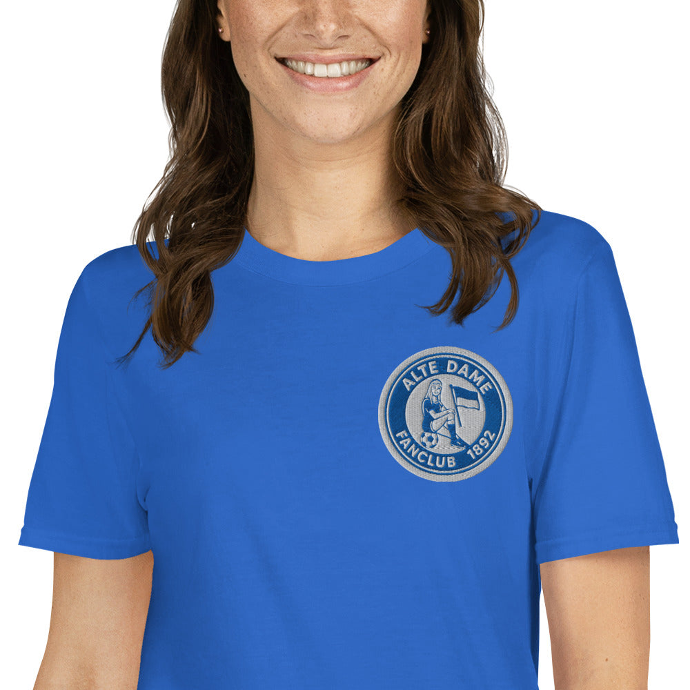 Unisex kurzärmeliges T-Shirt von Sportswear Iron Monkey 23 mit Fanclub Alte Dame 1892, royalblau, weicher Stoff, Nahaufnahme