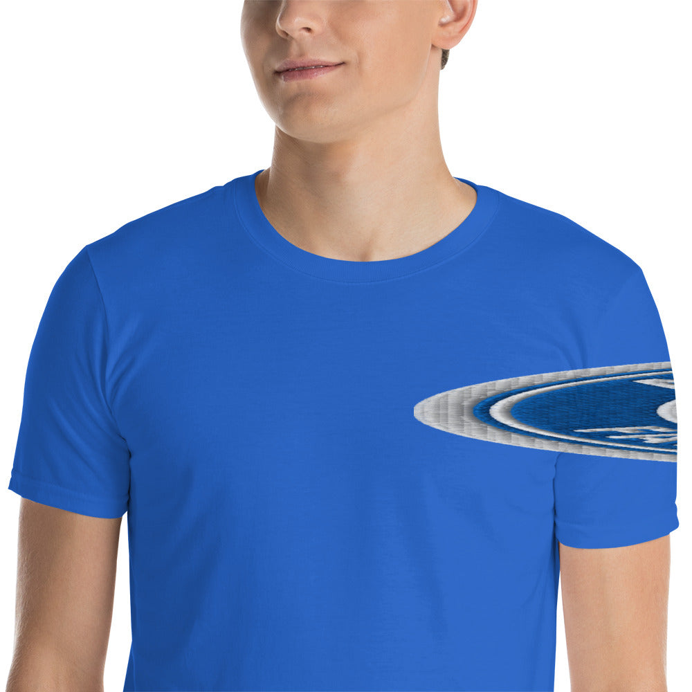 Unisex-Kurzarm-T-Shirt von Sportswear Iron Monkey 23 mit Fanclub Alte Dame 1892 Schriftzug, royalblau, Nahaufnahme