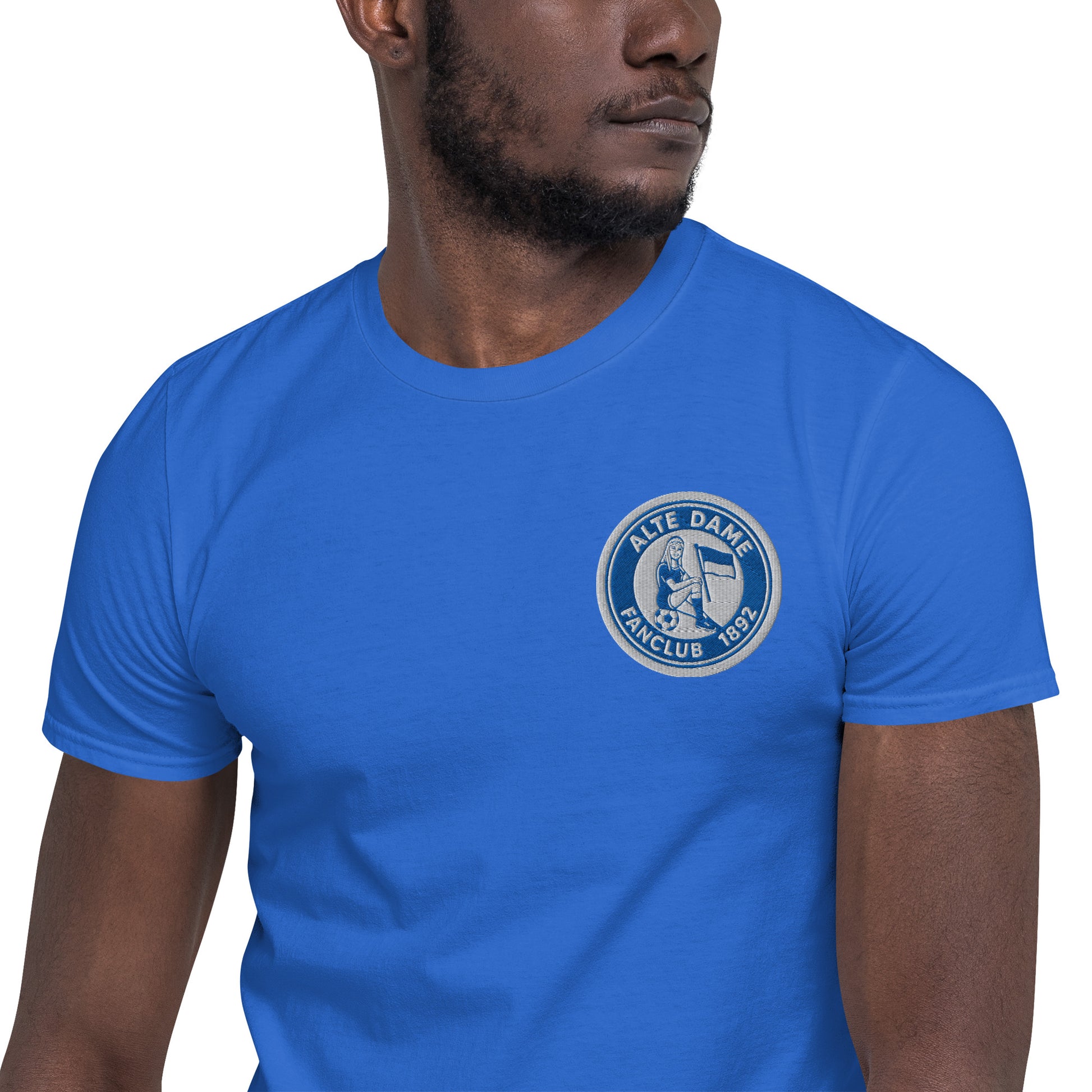 Unisex-T-Shirt von Sportswear Iron Monkey 23, kurzärmelig, royalblau, mit Fanclub Alte Dame 1892 Logo, weiche Baumwollqualität