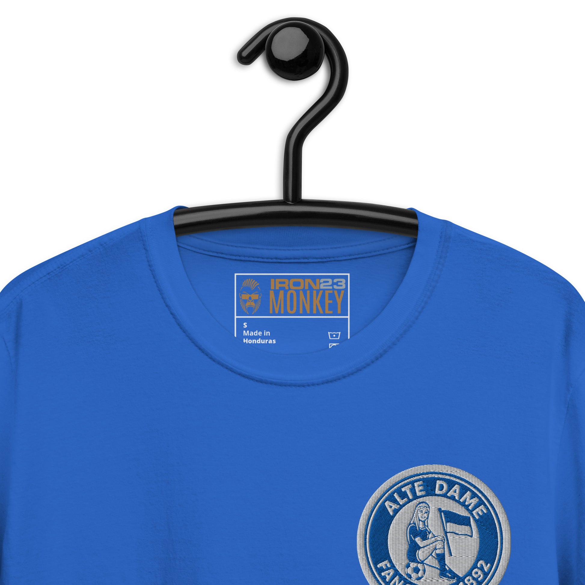 Unisex-Kurzarm-T-Shirt von Sportswear Iron Monkey 23 mit Fanclub Alte Dame 1892, royalblau, weiches Material, Nahaufnahme