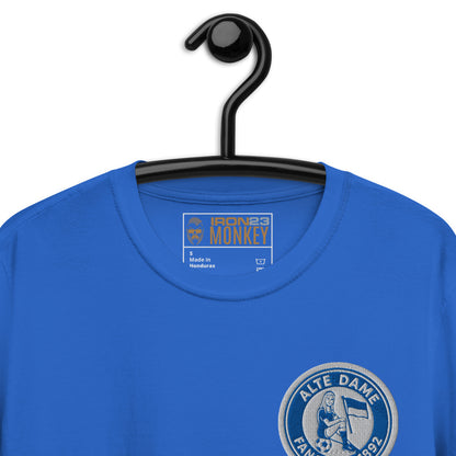 Unisex-Kurzarm-T-Shirt von Sportswear Iron Monkey 23 mit Fanclub Alte Dame 1892, royalblau, weiches Material, Nahaufnahme