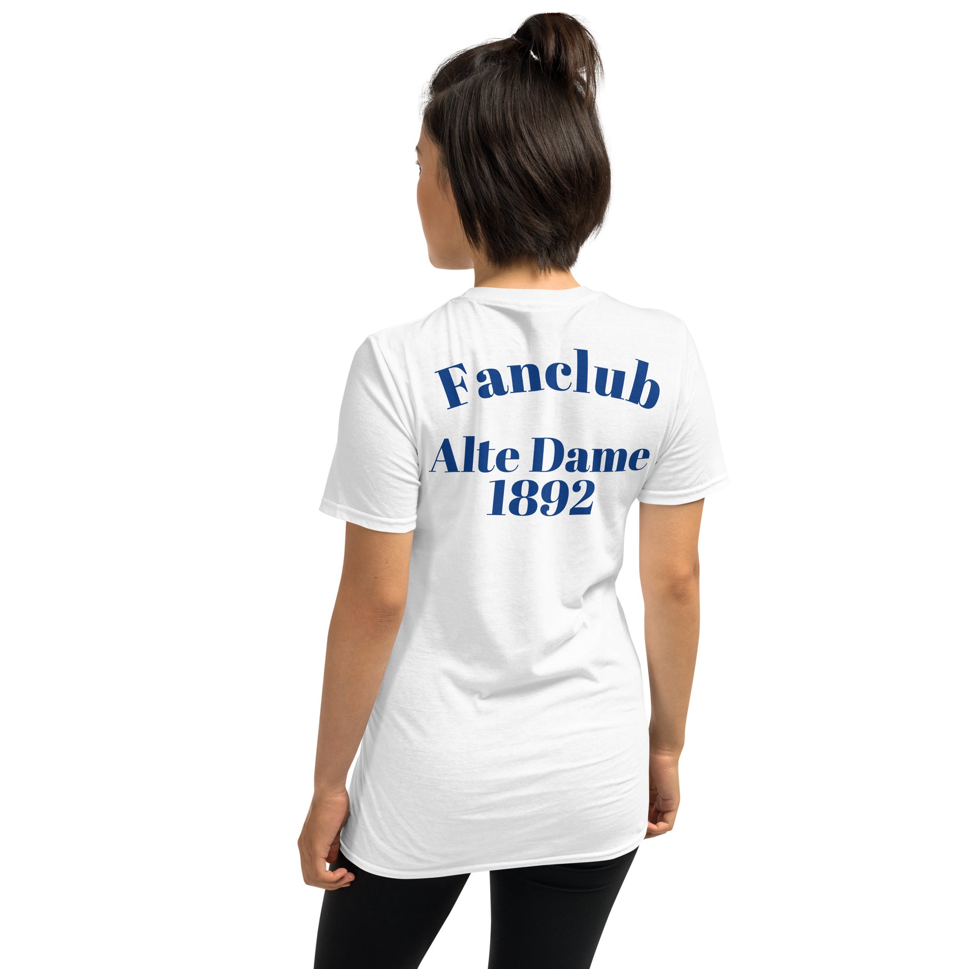Weißes unisex T-Shirt von Sportswear Iron Monkey 23 mit Fanclub Alte Dame 1892 Logo auf der Rückseite, bequemes Basic-Shirt