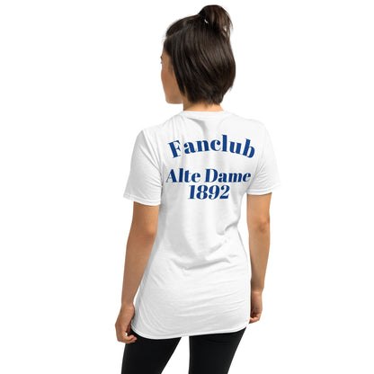 Weißes unisex T-Shirt von Sportswear Iron Monkey 23 mit Fanclub Alte Dame 1892 Logo auf der Rückseite, bequemes Basic-Shirt