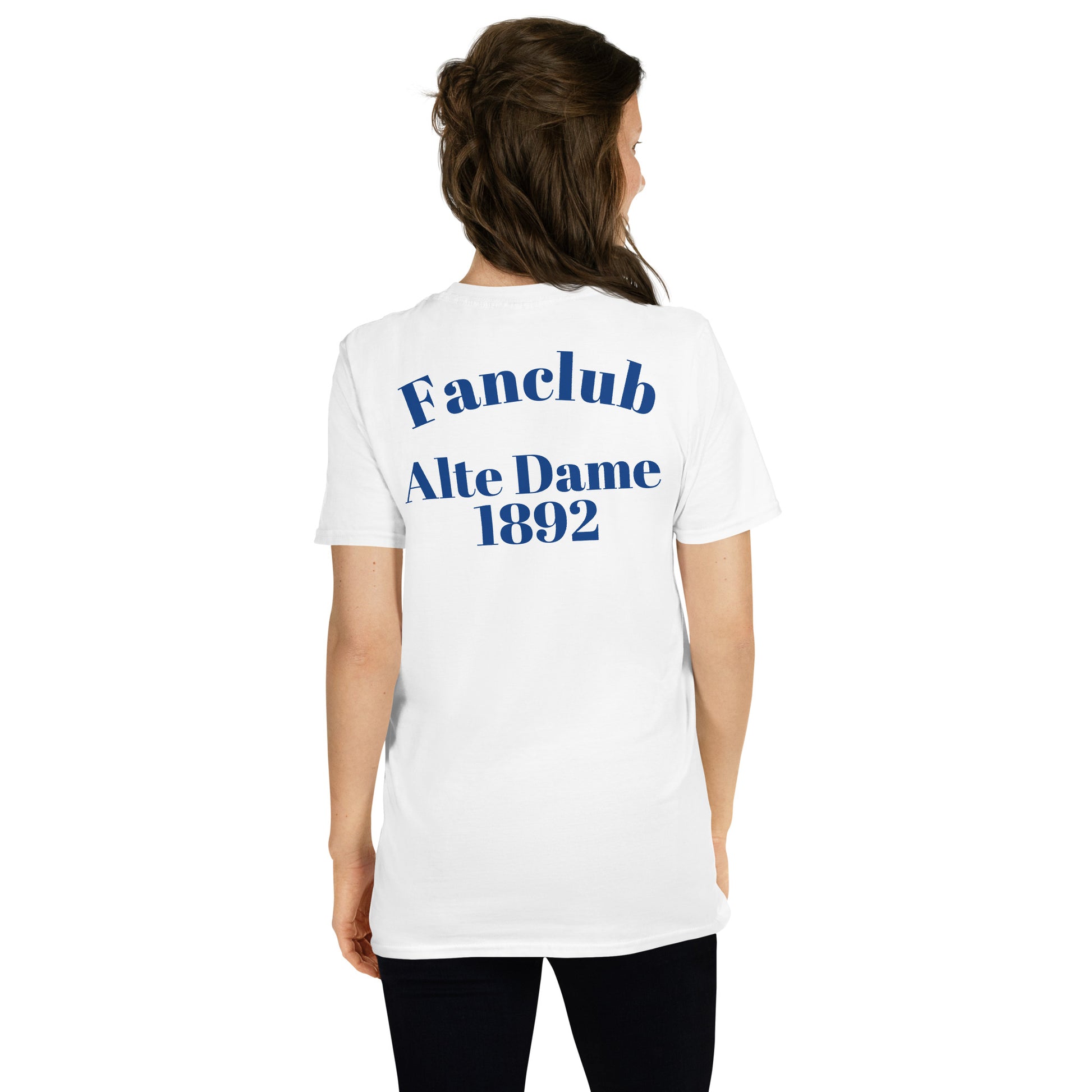 Weißes unisex T-Shirt von Sportswear Iron Monkey 23 mit Fanclub Alte Dame 1892 Logo auf der Rückseite, weiche Baumwollqualität